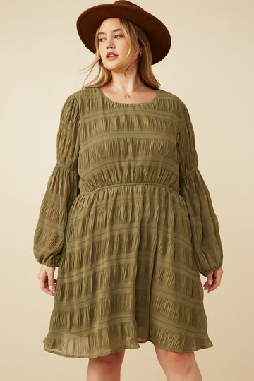 HY7455 OLIVE Womens Mixed Pleated Peasant Sleeve Dress Front